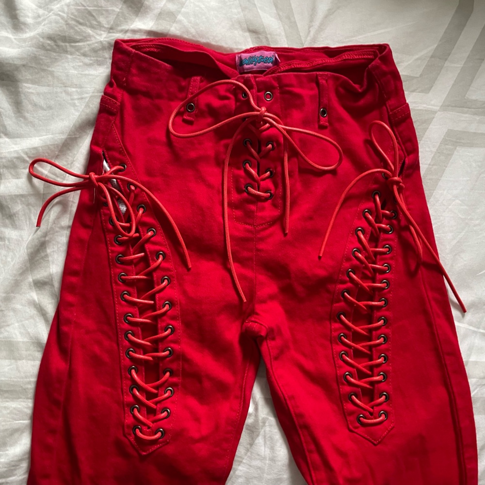 Edikted Red Lace-Up Bootcut Pants